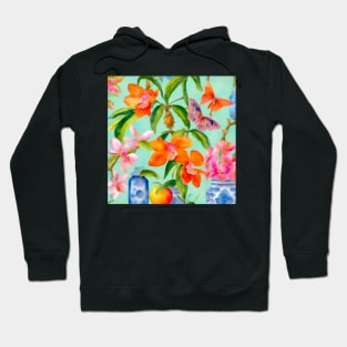 Orange orchids and chinoiserie jars watercolor Hoodie